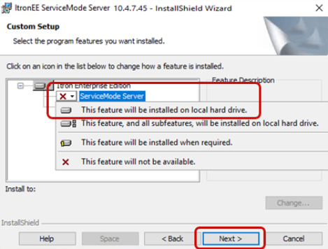 Service Mode Server Custom Setup dialog